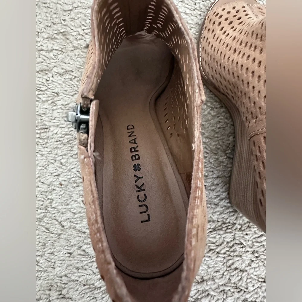 Lucky Brand Tan Wedge Ankle Boots with Peep Toe and Side Zipper
